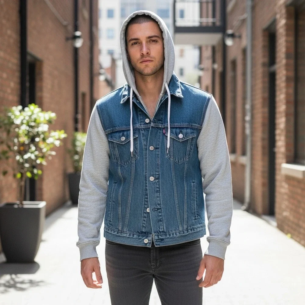 Levis Mens Hybrid Denim Trucker Jacket Grey Hooded Sweatshirt Blue Size M - Picture 2 of 11